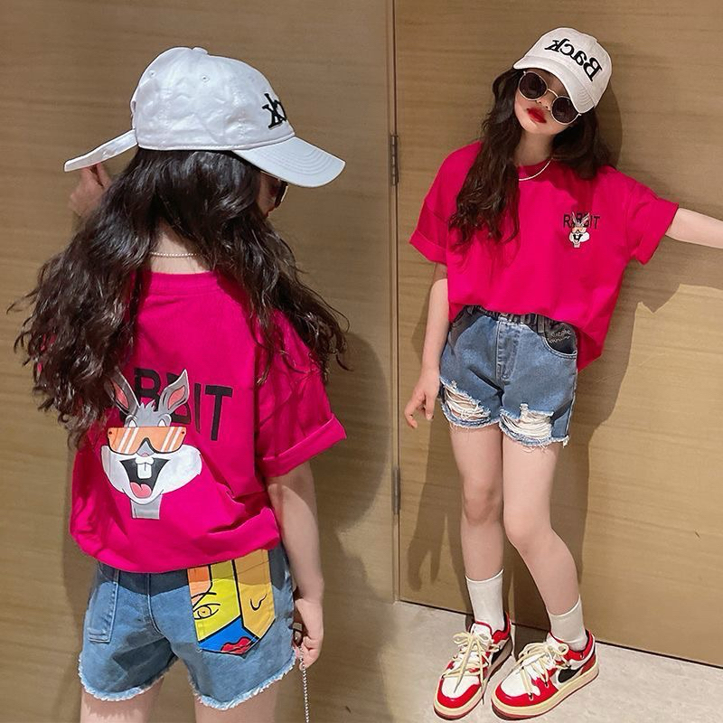 🎉台北現貨天天出貨🚚 女童短袖T恤夏季寬松2025新款上衣中大童裝兔子印花t兒童半袖體恤
