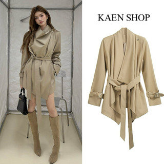 KAEN SHOP8762 ❤️秋冬新款赫本外套 女輕熟風外套 女卡其色外套 復古氣質蕩領系帶風衣外套 女垂墜感短款外套