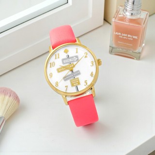 kate spade / KSW1127 / Metro 紐約時尚品味指標真皮手錶 白x金框x螢光粉 34mm