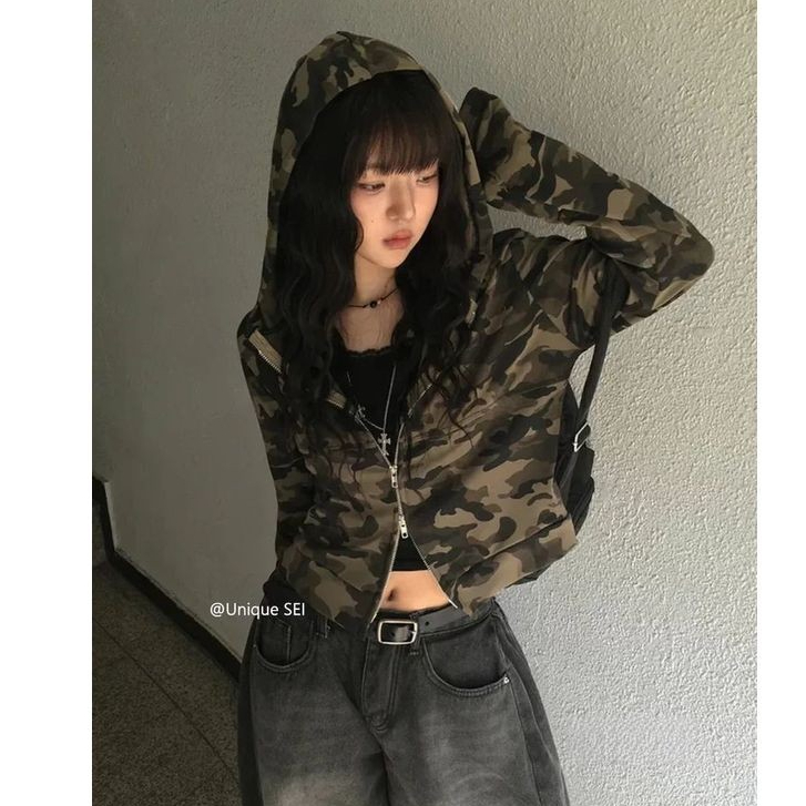 美式甜酷辣妹迷彩雙向拉鏈顯瘦連帽長袖外套上衣時髦復古短開衫女 長袖上衣 打底衫 t恤 罩衫 衛衣 大學T 衣服