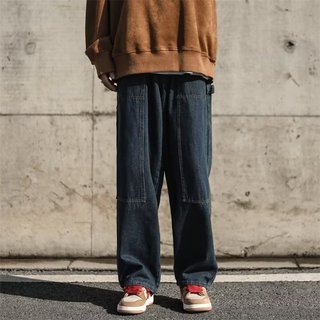 清倉特價 深藍M牛仔長褲 日系復古工裝牛仔褲 明線設計感牛仔闊腿褲 美式高街休閒牛仔褲 港風水洗牛仔長褲