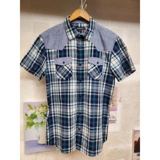 A2​【Hang Ten】純棉 格紋短袖襯衫 L號 丹寧拼接 藍白格紋 100%棉 美式休閒 雙口袋 男裝 上衣