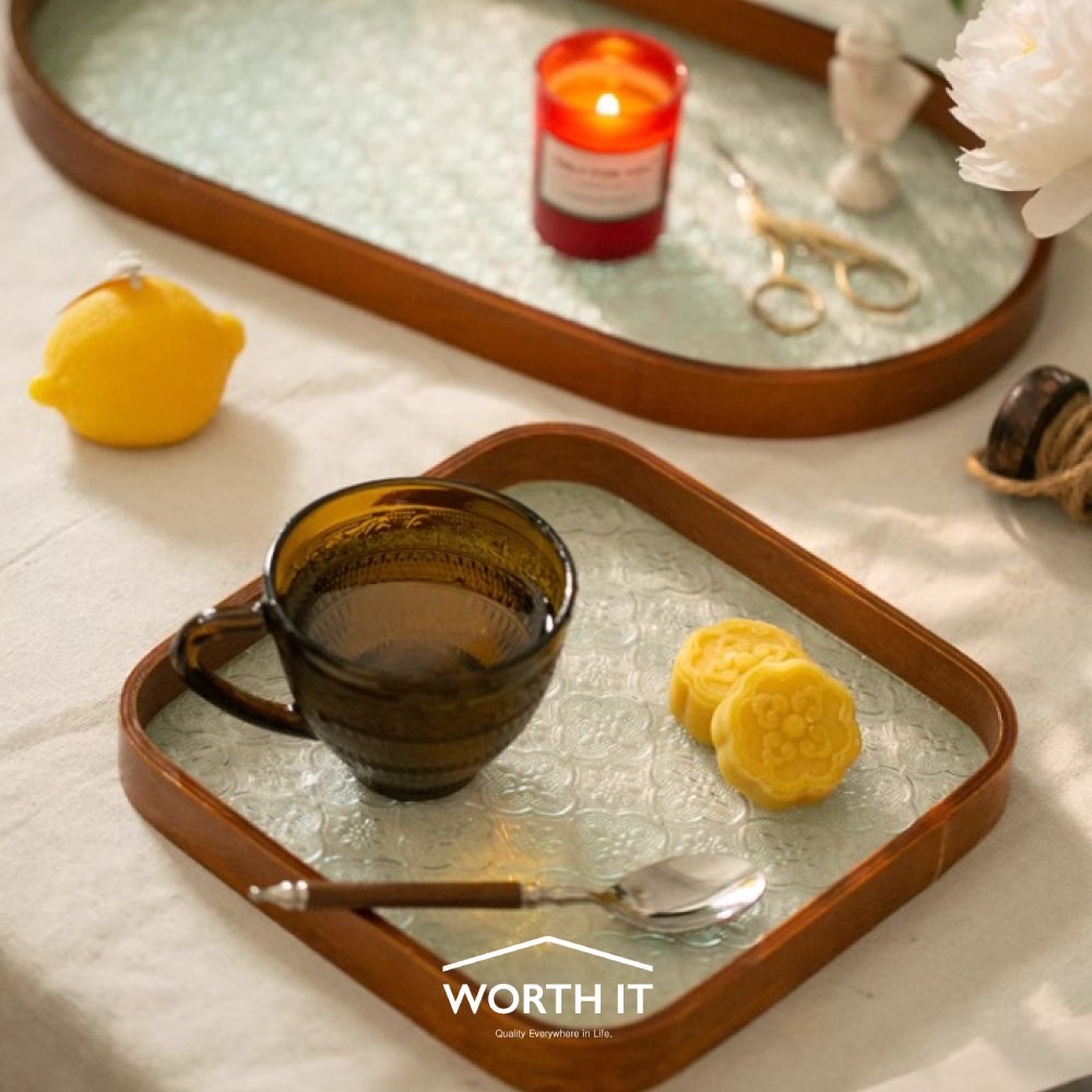 渥思【現貨】復古窗花玻璃木質托盤 海棠花收納盤 置物盤 點心盤 茶盤 水果盤