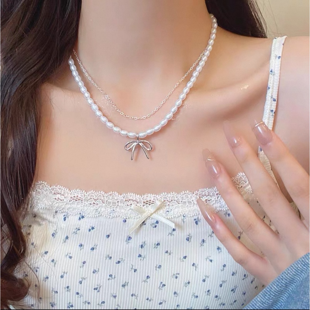 ✨MENDY 💕台灣現貨 當日寄出💕韓系輕奢 氣質百搭 雙層蝴蝶結 小米粒珍珠項鍊 鎖骨鍊
