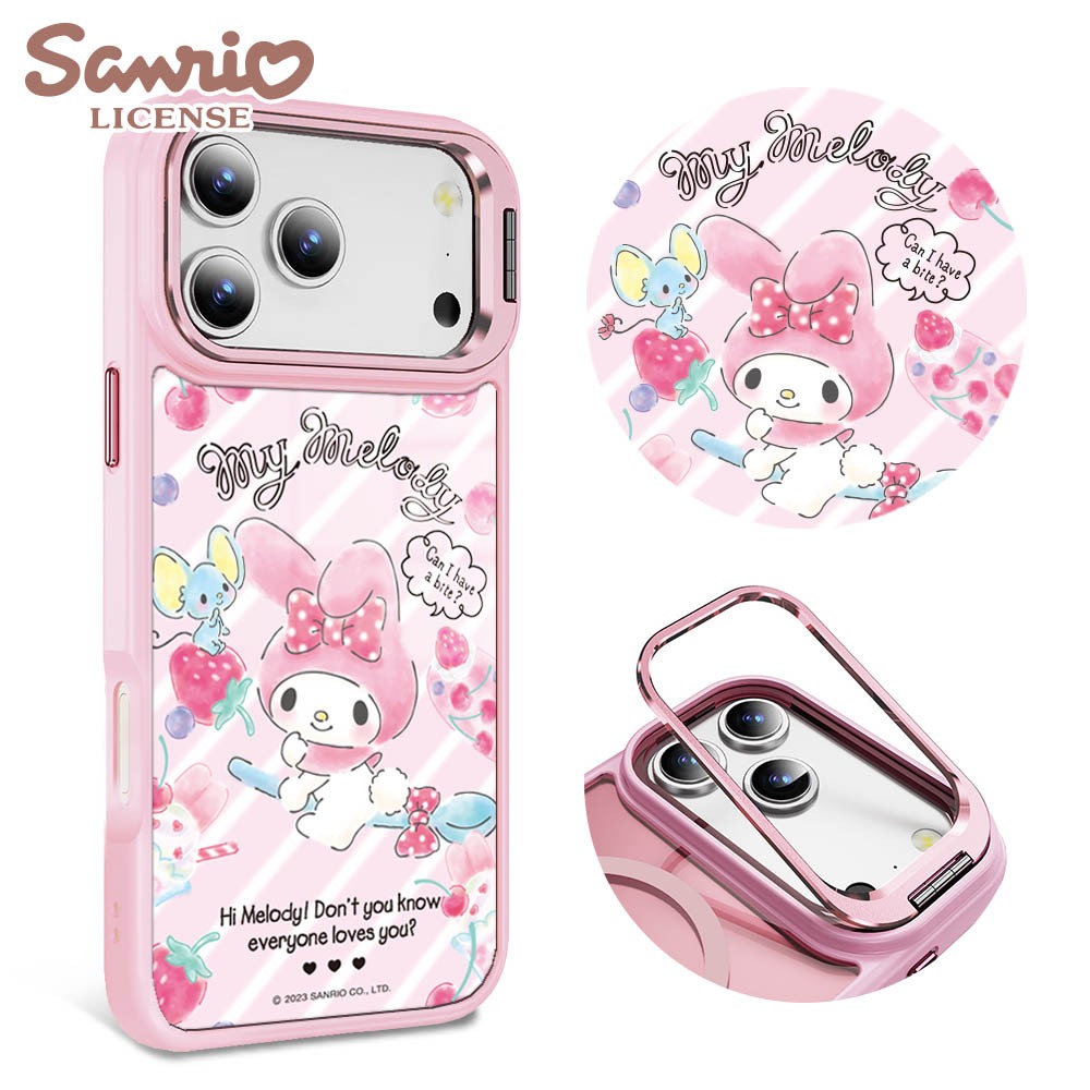 三麗鷗 iPhone17/16/15/14/13/S25/S24/S23 軍規防摔合金框隱形立架手機殼-甜點美樂蒂-粉框