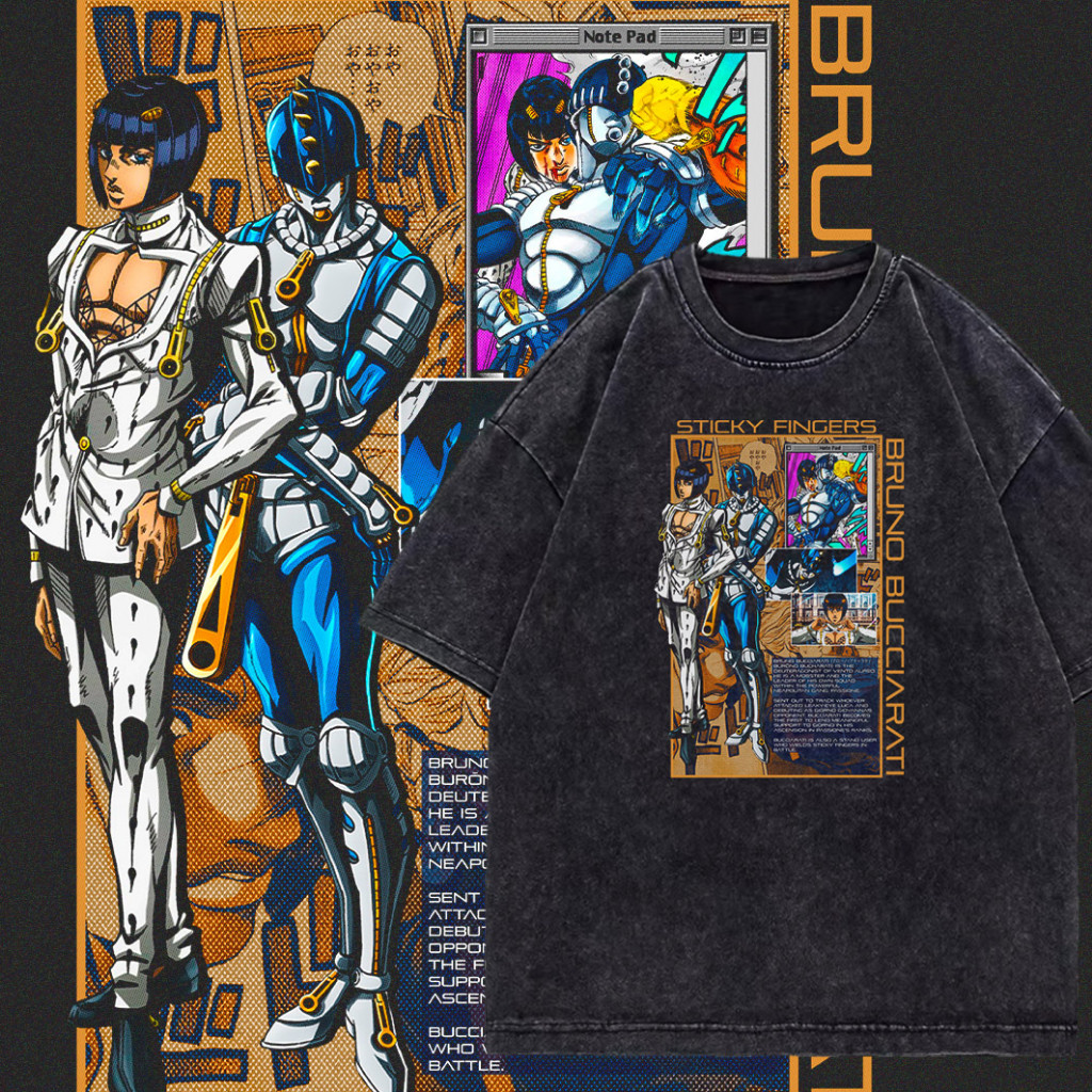 -水洗工廠- JoJo的奇妙冒險 布羅諾·布加拉提 水洗T 做舊 短袖 短T 刷舊 寬鬆 落肩 T恤 美式復古