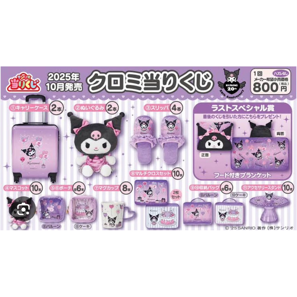 台灣現貨 日本庫洛米20週年一番賞 1號賞行李箱 2號賞大娃娃 3號賞庫洛米拖鞋 4號賞庫洛米吊飾娃