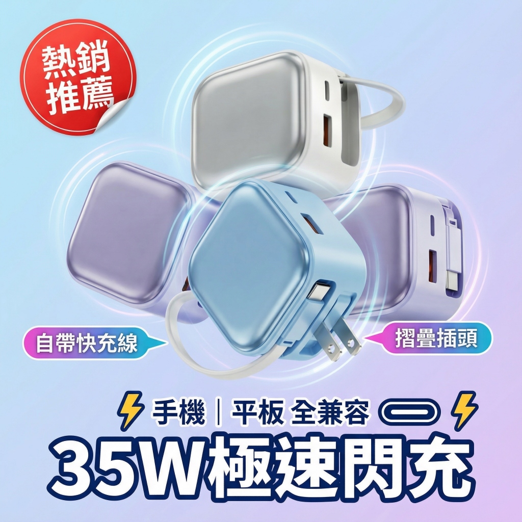 現貨✨無包裝隔日到 35W伸縮線充電器 折疊插頭 自帶充電線 充電頭 PD+QC快充 手機電源供應器 適用 手機平板