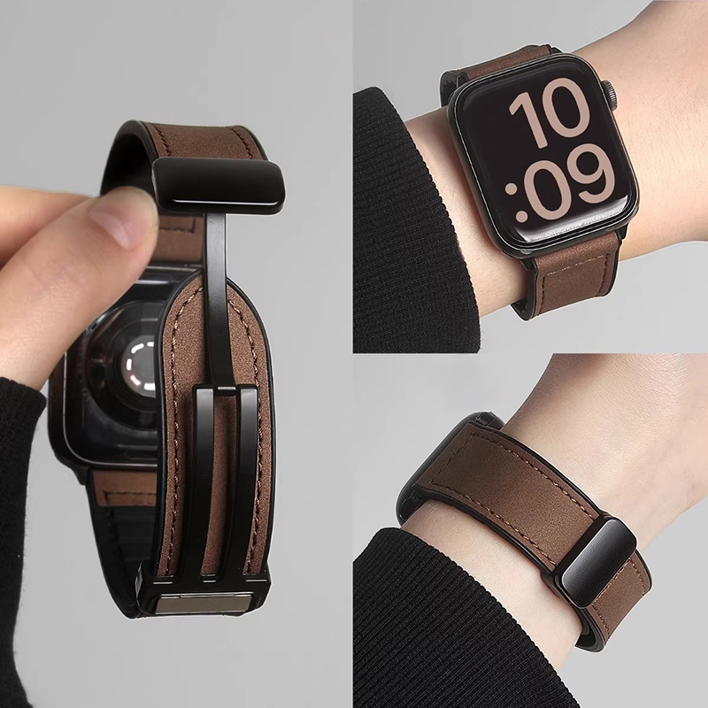 商務皮革錶帶【真皮磁吸折疊扣】適用Apple watch11/10/9蘋果手錶錶帶iwatch9 8 7 SE 皮質錶帶