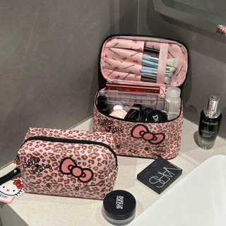 kitty化妝包🎀 豹紋粉色凱蒂貓可愛手提pu材質女便捷防水大容量旅行收納袋 收納包 可愛化妝包 凱蒂貓化妝包 過夜包
