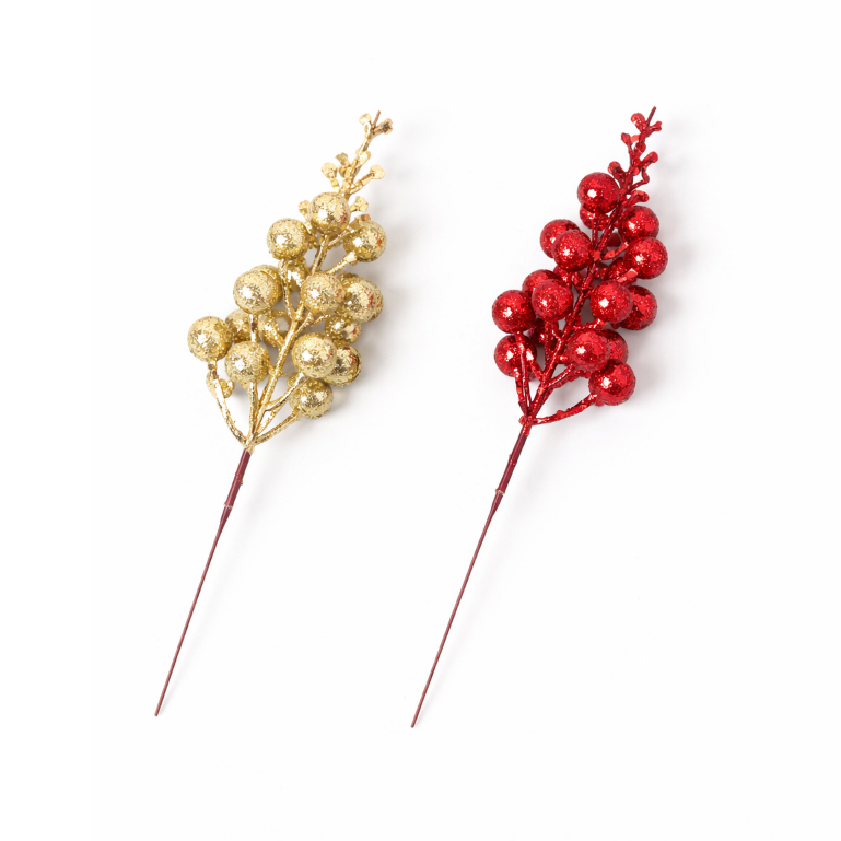 【亮片泡沫果枝】15頭節慶果實插枝 金色紅色亮片泡沫花材 花圈藤圈DIY 盆栽插花佈置多入可選