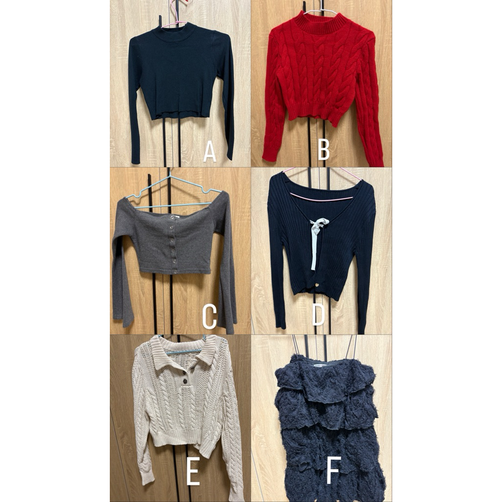 黑色短版上衣/紅色毛衣/AROOM一字領上衣/Mercci22黑色針織外套/Mercci22白色針織上衣/M22 蕾絲裙
