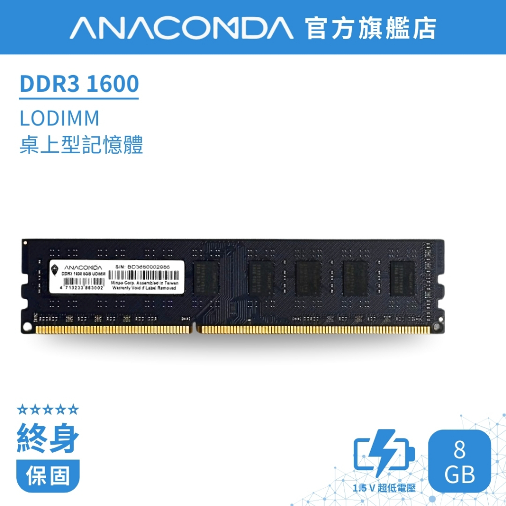 ANACOMDA 巨蟒 DDR3 1600 LODIMM 8GB 桌上型記憶體 有限終身保固 D3 桌機用 記憶體