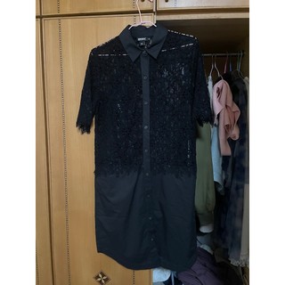 DKNY 百貨專櫃 棉質 黑色 蕾𢇁花紋短袖洋裝