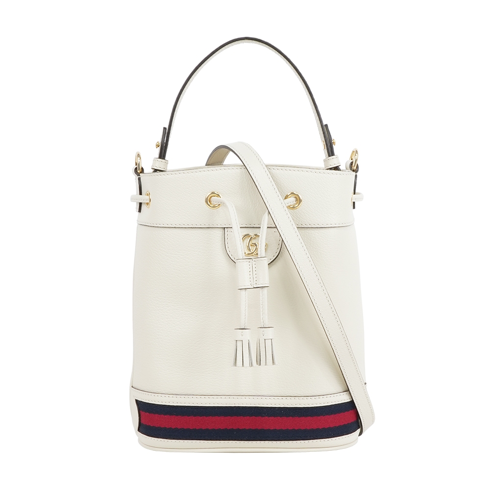 Gucci Ophidia 藍紅織帶皮革小款水桶包/斜背包(白色)