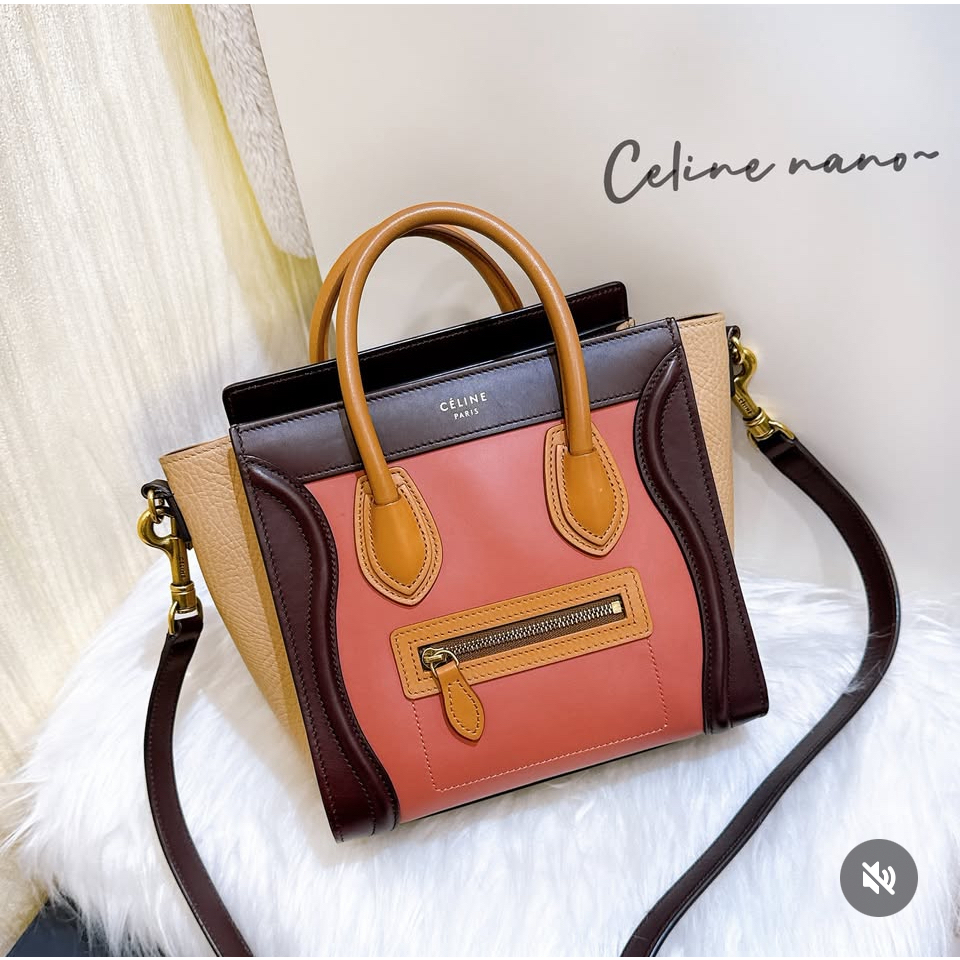 二手旗艦 Celine 紫/粉/焦糖咖啡/奶茶拼色 牛皮 NANO小囧包 手提包 斜背包 (中友店 )