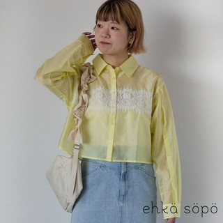 ehka sopo 透明感蕾絲拼接短版長袖襯衫(0F000710310)