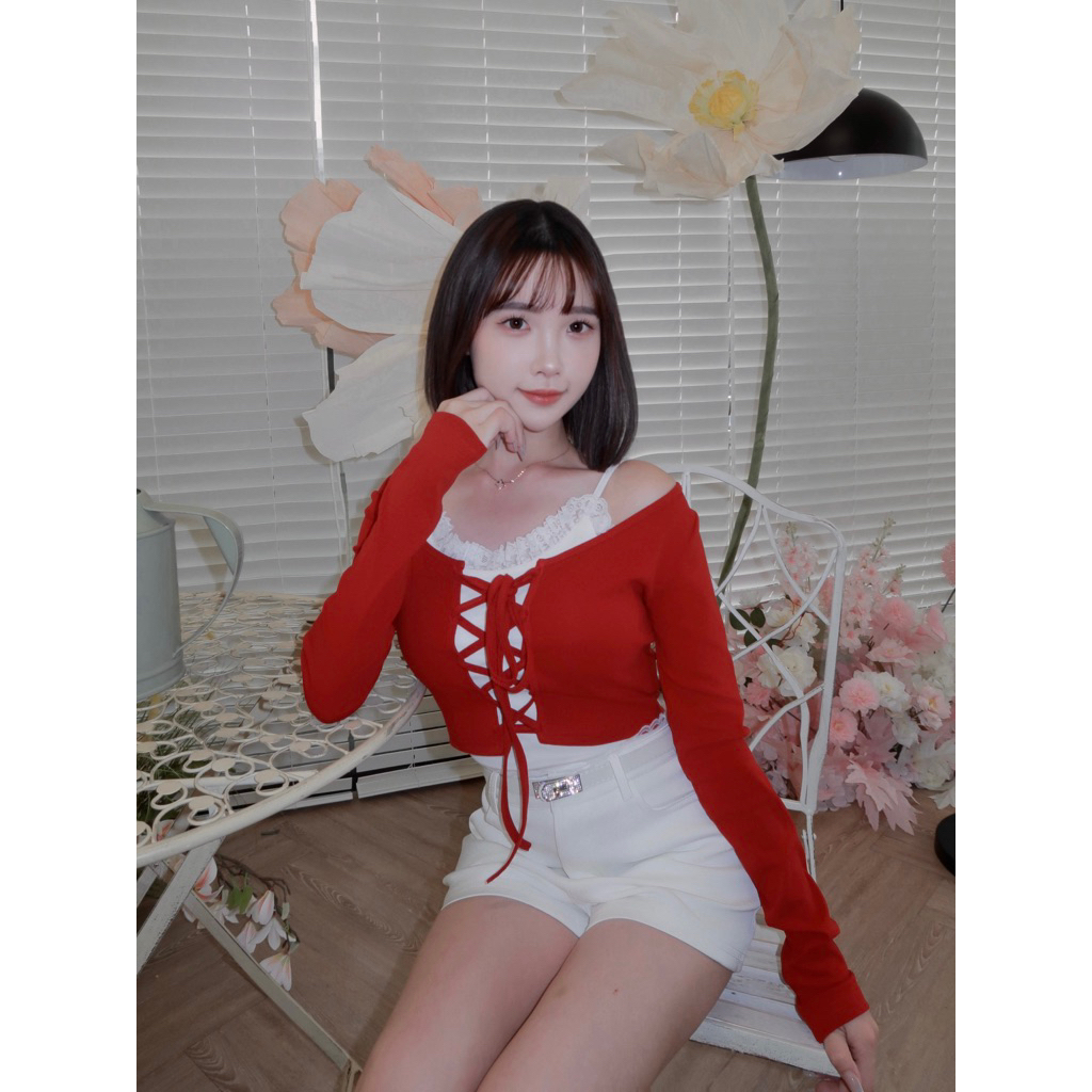 Meetu | 蕾絲小背心+交叉綁繩罩衫兩件套-2色 附胸墊 女裝 日常 韓系
