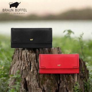 【寧寧精品】台中35年皮件店 BRAUN BUFFEL 小金牛 黑/紅 兩折式長夾 BF674-621-1