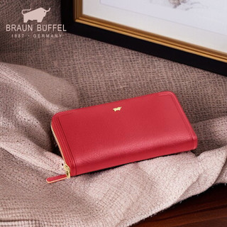 【寧寧精品】台中30年皮件店 BRAUN BUFFEL 小金牛 黑色 紅色單拉鍊長夾 BF674-602-1