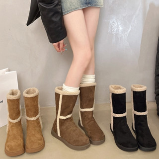 【白鳥麗子】中筒雪靴 雜誌款麂皮素面內刷毛拚色厚底靴 店長推薦