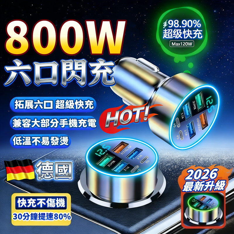 ⚡德係精工⚡800W六口數顯車充 車用充電器 USB車充 汽車充電器 點煙器擴充 PD車充 車用快充 充電頭 小米充電器