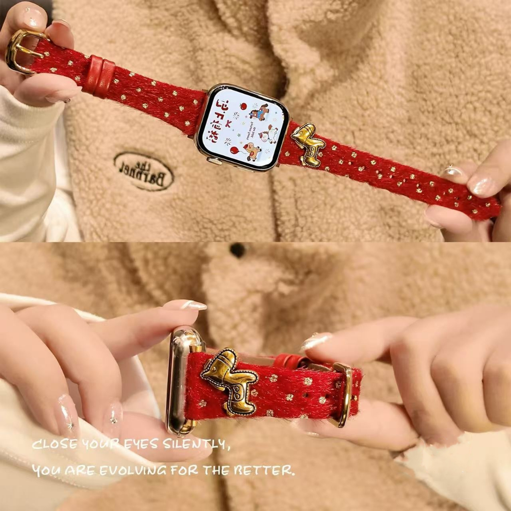 適用於iwatch11蘋果手錶applewatch10錶帶s9馬年紅色毛絨燙金小馬s8s7休閑百搭Ultra閨蜜小眾錶帶