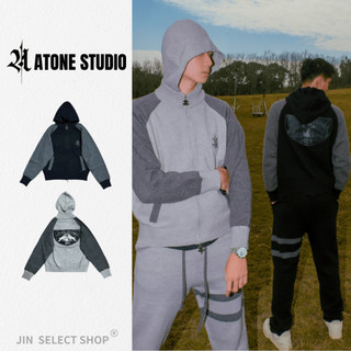 【JIN】現貨! ATONE Leather Patch Knit Track Jacket 皮革貼布針織運動外套 連帽