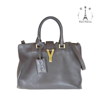 【巴黎站二手名牌專賣店】＊現貨＊YSL真品＊Petit Cabas灰色小牛皮金色Y釦手提兩用包 醫生包 斜揹包(小)