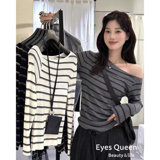 [Eyes Queen] 現貨 (5 colors) 條紋針織上衣 斜肩條紋羊毛針織 一字肩上衣 斜肩條紋長袖上衣