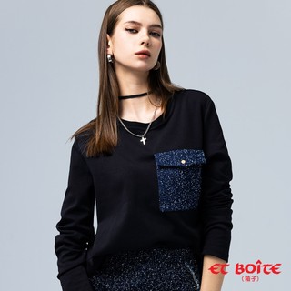 BLUE WAY ET BOiTE 箱子 - 女款 小香風拼接口袋結構長TEE(黑)