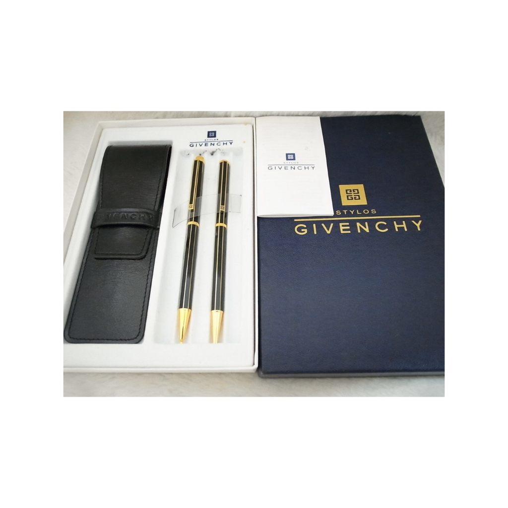 w320-068 法國紀梵希 八角黑漆桿金線 全金屬高級原子筆與自動鉛筆對筆（9.5成、原廠禮盒裝）