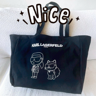 現貨-KARL LAGERFELD超可愛IKONIK KARL & CHOUPETTE帆布購物袋