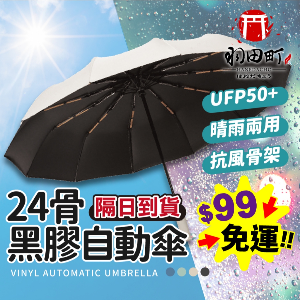 台灣隔日到貨 ♥ 單手開收【24骨黑膠自動傘】折疊傘 摺疊傘 自動傘 雨傘 UPF50+ 加大自動傘  黑膠自動傘