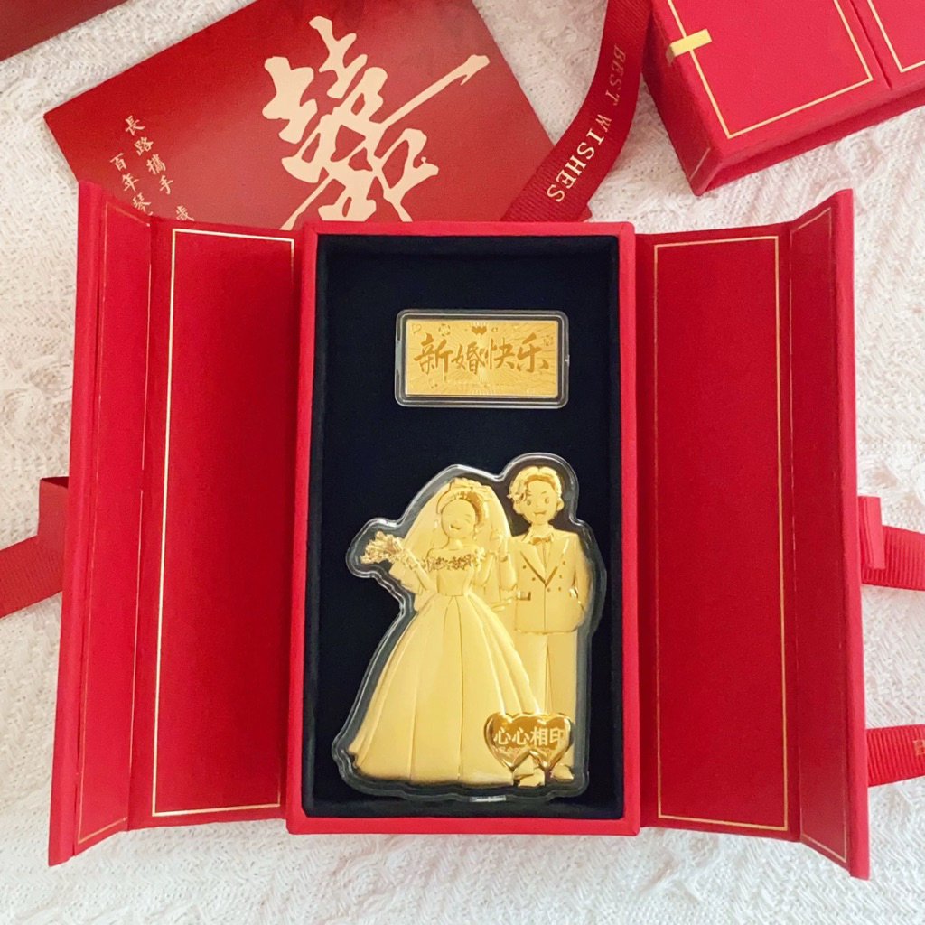 金大囍銀樓現貨999純金0.52克心心相印0.1克新婚快樂結婚黃金金片結婚送禮訂婚送禮新郎新娘百年好合婚禮送禮首選