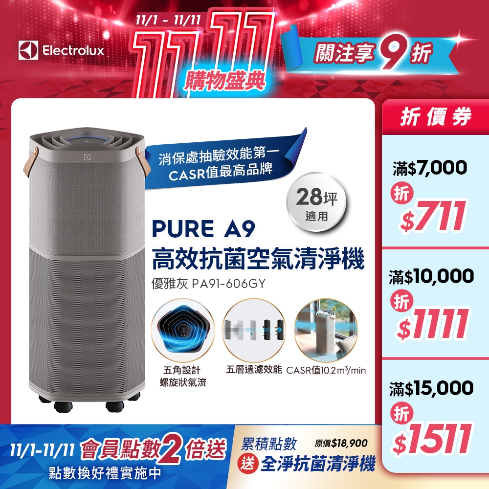 Electrolux 伊萊克斯 PURE A9 高效能抗菌空氣清淨機 PA91-606GY