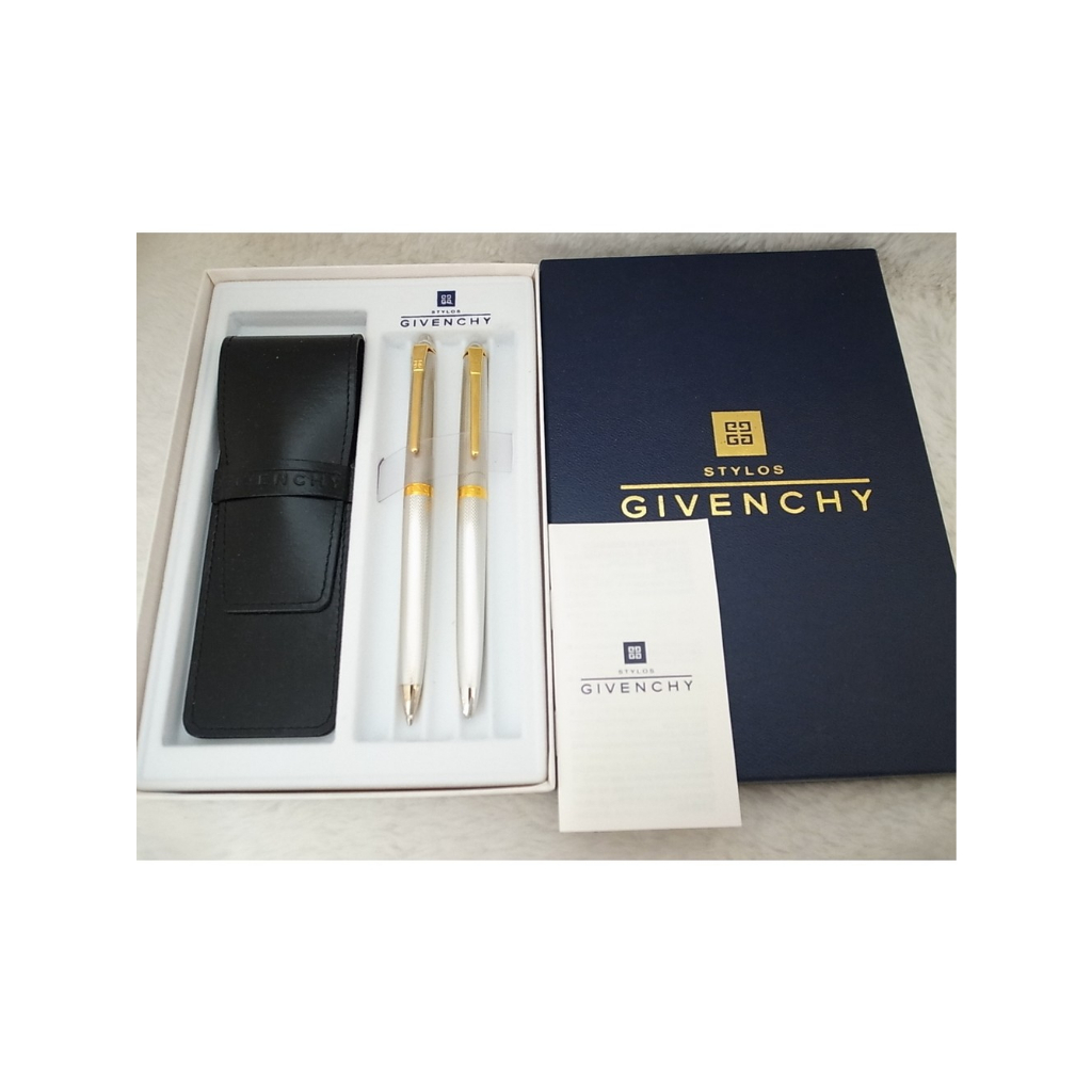 w230-027 法國紀梵希 銀色包金大麥紋 高級原子筆與自動鉛筆對筆（9.5成新、原廠皮套＋盒裝)