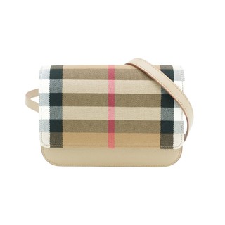 Burberry Madison 格紋帆布拚牛皮翻蓋斜背包(8084494-卡其)