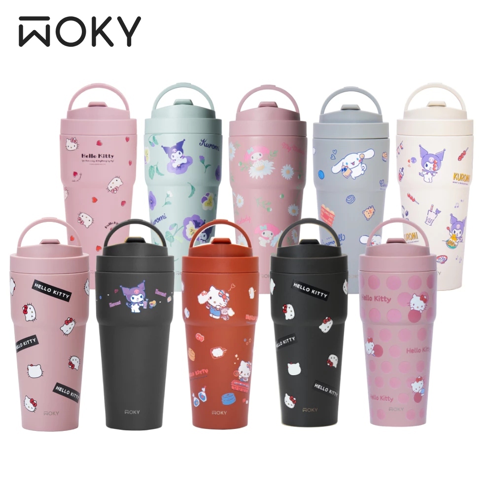 【WOKY X 三麗鷗】Kitty酷洛米大耳狗布丁狗美樂蒂聯名渾圓杯770ml (附矽膠粗吸管+彈跳粗吸管)