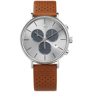 TIMEX 天美時 / TXTW2R79900 / 復刻三眼 INDIGLO專利冷光照明真皮手錶 銀x褐 41mm