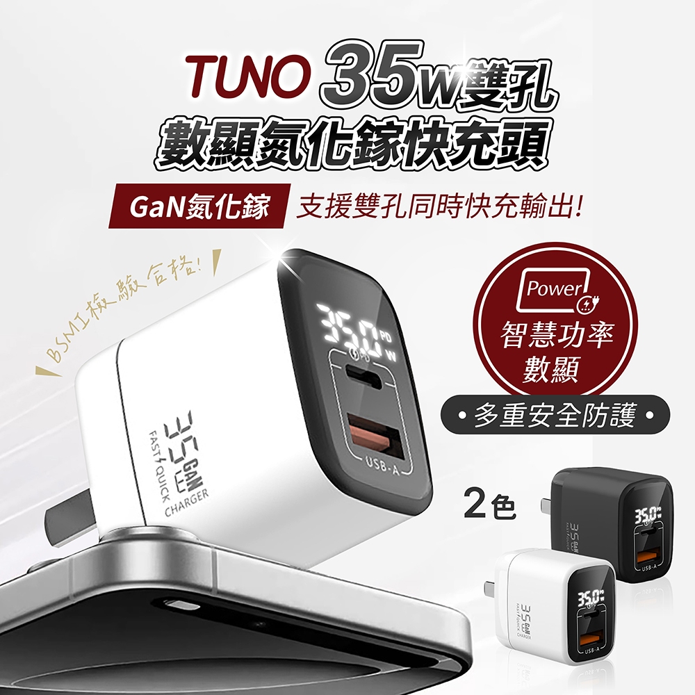 TUNO 35W雙孔數顯氮化鎵快充頭【178小舖】智能數顯 PD快充 全球電壓 摺疊插頭 GaN 豆腐頭 充電器