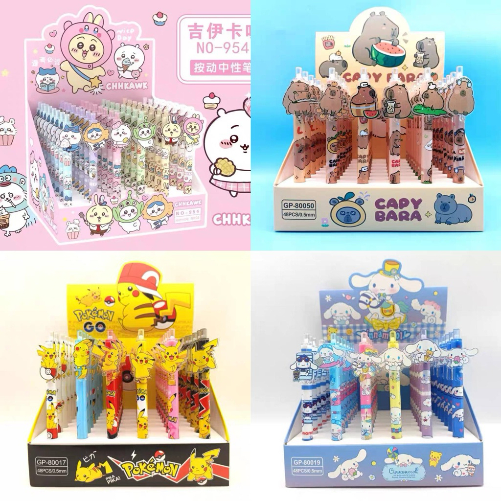 Rabbits 台灣現貨 吉伊卡哇 皮卡丘 卡皮巴拉 小新 黑色原子筆 卡通貼片原子筆 按動筆 刷題筆 中性筆 速乾