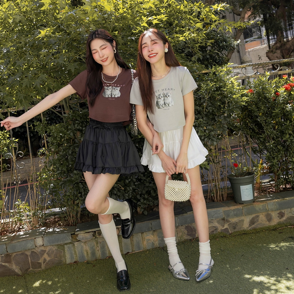 首爾妹 唯美鬆緊腰蛋糕滾邊褲裙 ( 2509049 ) 現貨 女裝