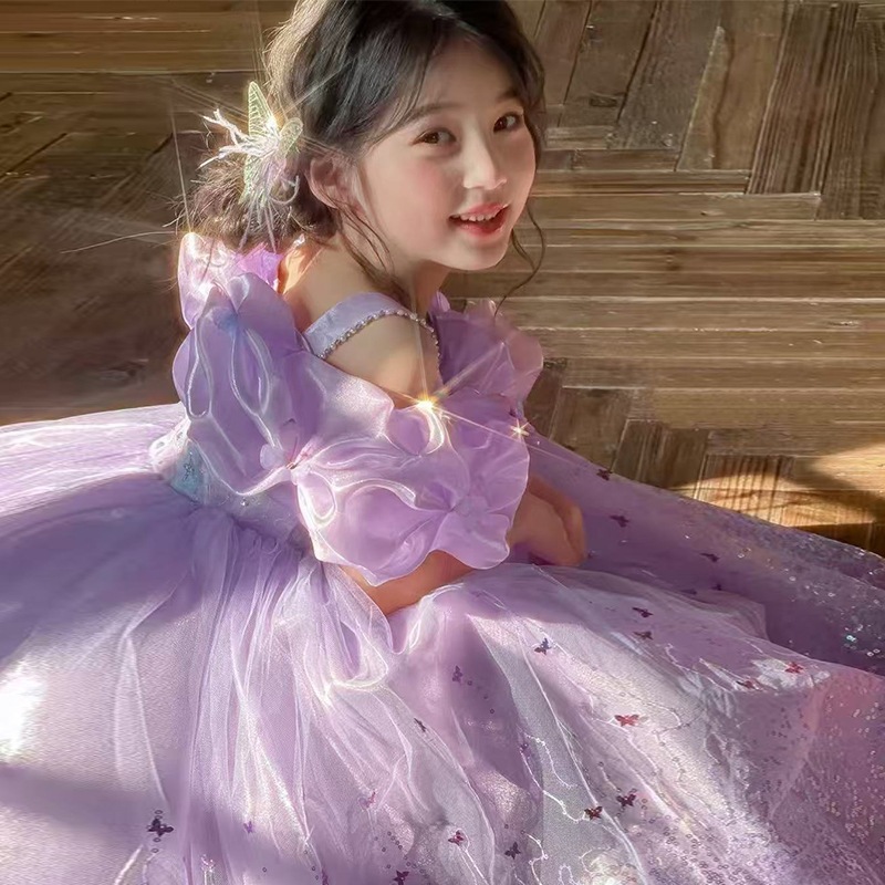 UL隔日到貨【華麗蝴蝶】公主公主裝 公主洋裝 泡泡袖 亮片 禮服 亮片 可愛 花童 樂佩公主 長髮公主 一字肩  速寄