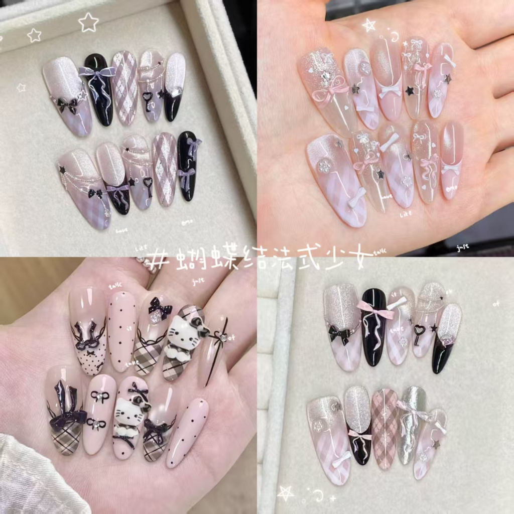 《台灣》春夏新款半手工穿戴甲 手繪蝴蝶結貓眼 法式高級顯白氛圍指甲貼片可拆卸美甲