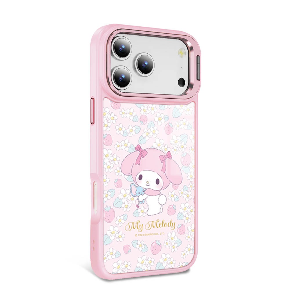 三麗鷗 iPhone 17/16/15/14/13/S25/S24/S23軍規防摔合金框隱形立架手機殼-草莓美樂蒂-粉框