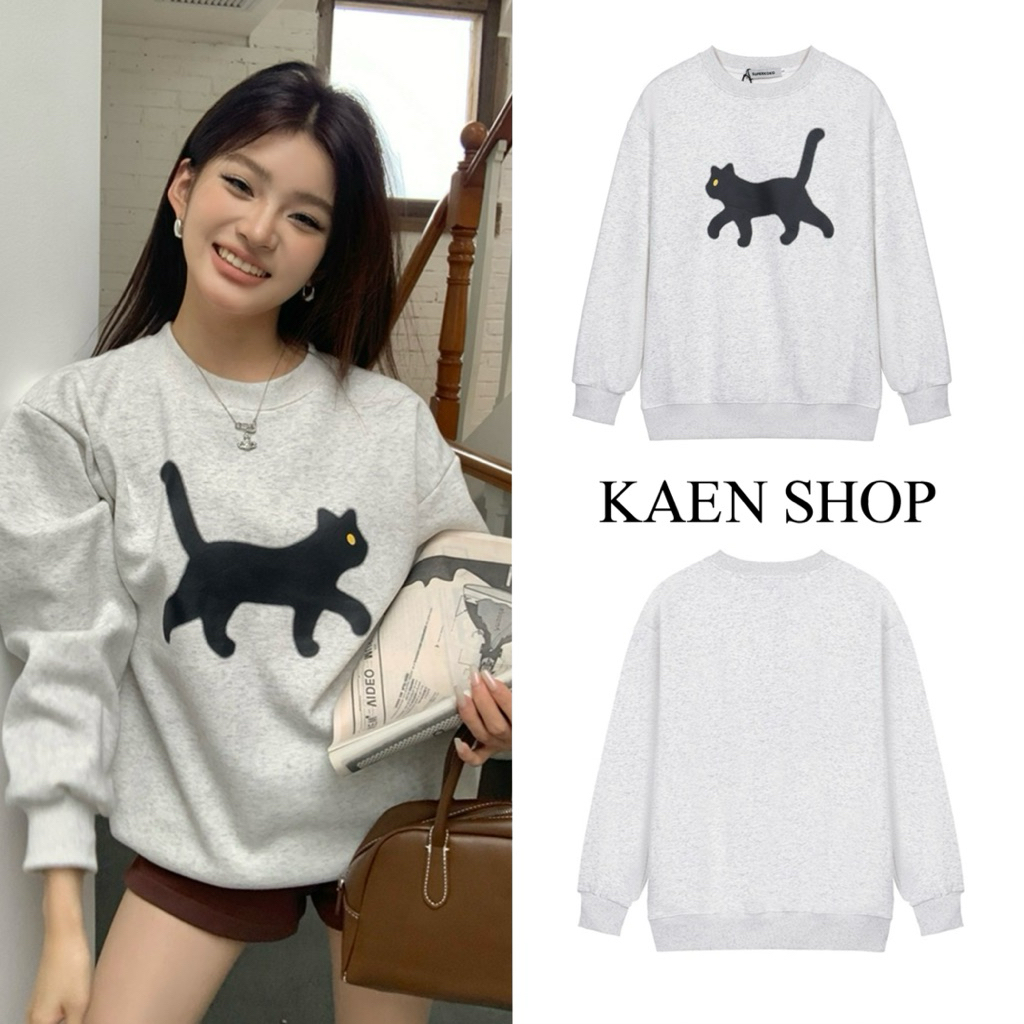 KAEN SHOP❤️8326 2025秋冬新款圓領大學T 超柔潮牌黑猫咪印花衛衣 女冬天寬鬆大學T 秋冬保暖刷毛大學T