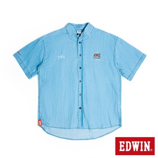 EDWIN 男款 大寬版徽章牛仔襯衫(拔淺藍)
