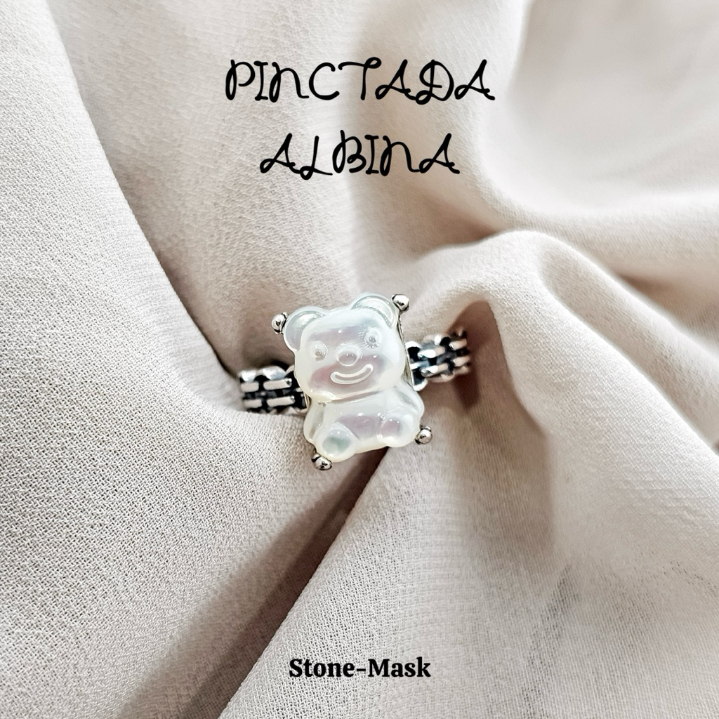 石鬼面🔅天然 白貝 母貝 熊型 水晶 復古 純銀戒 PtA-36