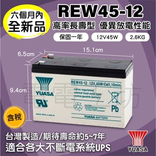 電電工坊 全新 YUASA湯淺 REW45-12 12V45W 不斷電系統蓄電池 伊頓飛瑞 APC CyberPower